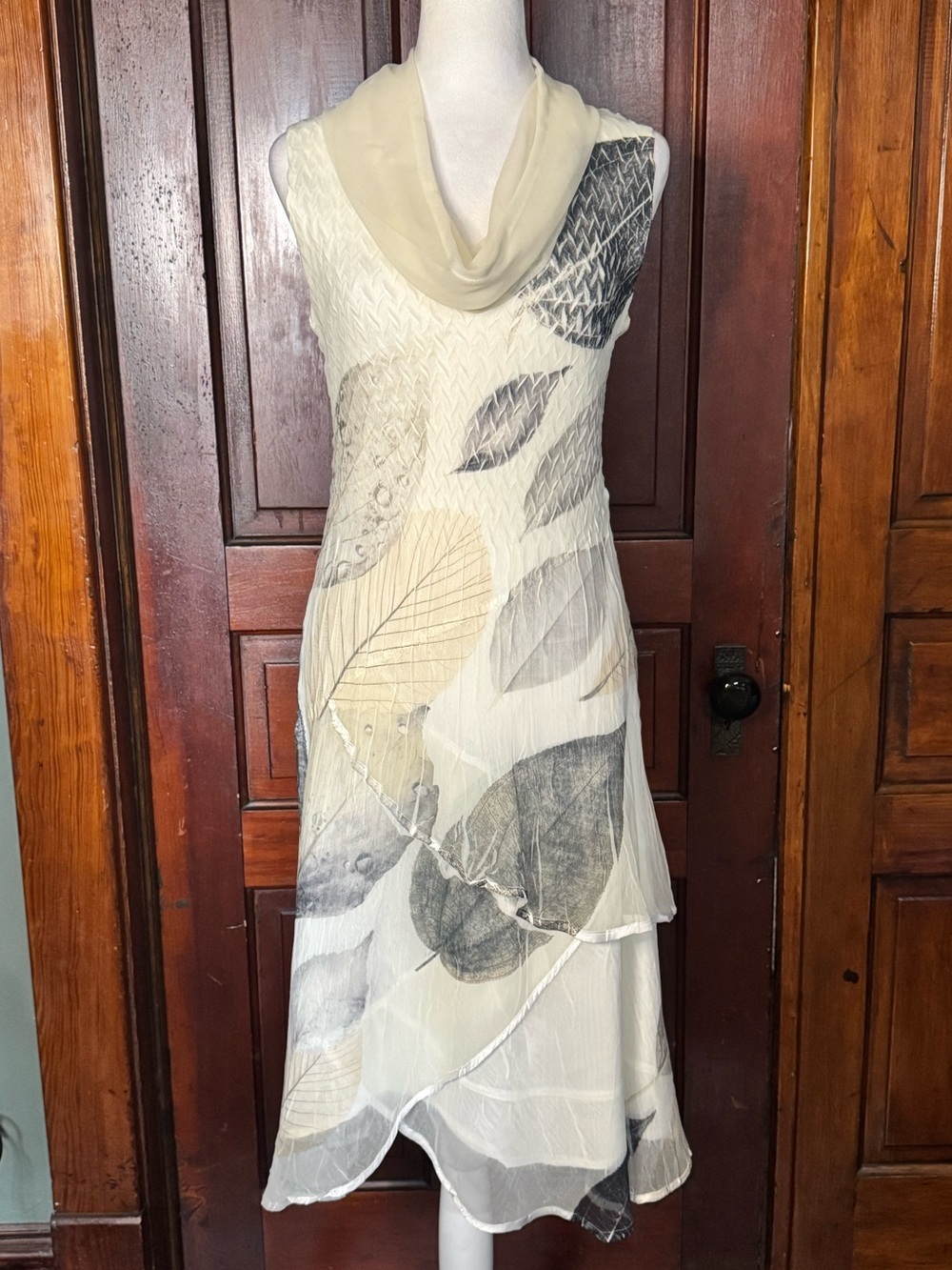 Komarov Layered Leaf Print Dress Size Large Art to Wear Maximalist Textured
